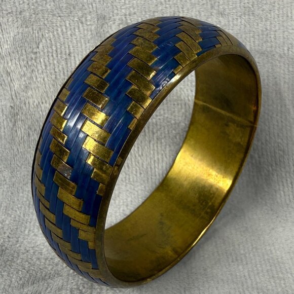 Vintage Brass & Blue Material Woven Design Bangle Bracelet Women Jewelry Classic - Picture 6 of 16